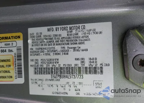 2020 Ford Mustang Ecoboost Premium из США, поврежденный, VIN 1FATP8UH4L5137723